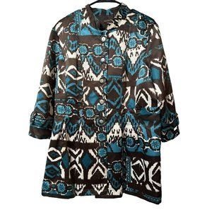 Multiples Brown Blue White Satin Abstract Floral Print Button Up Jacket Lined XL